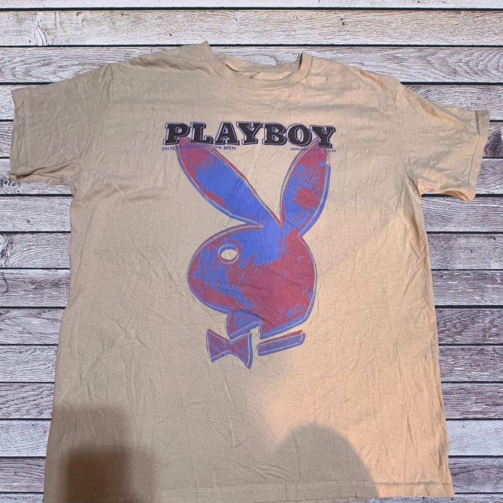 Playboy‎ M T-Shirt Women Tan Graphic Warhol Logo Cotton Short Sleeve Tee
